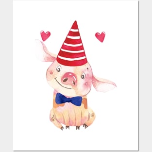 Cute Piglet with a tie bow and a hat Posters and Art